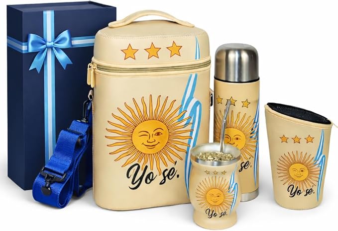 Yerba Mate Cup Set – Complete Argentine Yerba Mate Kit - 750 ml Stainless Steel Bottle Mate Gourd Bombilla Neoprene Bag Yerba Container &amp Gift Box (Yo Sé – Sol Argentino)
