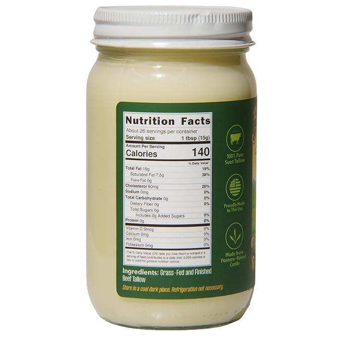 Pasture Raised Beef Tallow Grass-Fed &amp Grass-Finished Made from Beef Suet for more nutrients Glass Jar