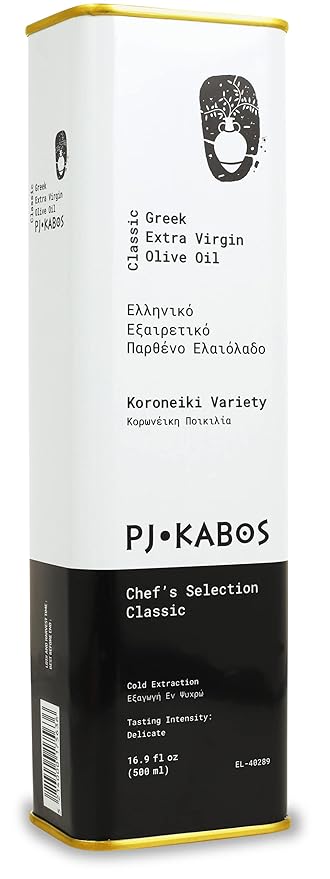 P.J. KABOS 2024/25 Harvest Everyday Greek Extra Virgin Olive Oil Kosher Greece Cold Extracted 16.9 oz Tin Koroneiki Chef's Selection Classic - Delicate