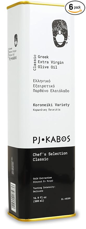 P.J. KABOS 2024/25 Harvest Everyday Greek Extra Virgin Olive Oil Kosher Greece Cold Extracted 16.9 oz Tin Koroneiki Chef's Selection Classic - Delicate (6-Pack)