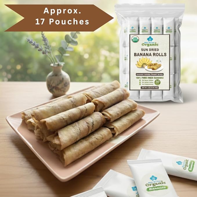 Organic Sun Dried Banana Snacks - Natural Fruit Leather No Sugar Added - No Preservatives - Unsulfured - Soft and Chewy - Bulk Value Pack (16 OZ Individually Wrapped)
