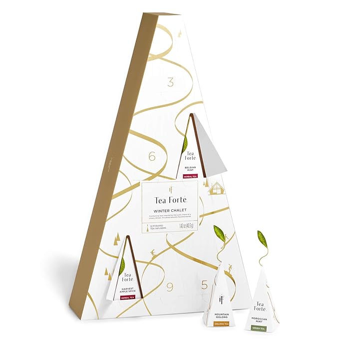 Tea Forte Tea Advent Calendar Gift Set 12 Individually Wrapped Handcrafted Assorted Pyramid Infuser Tea Bags with Numbered Doors Winter Chalet