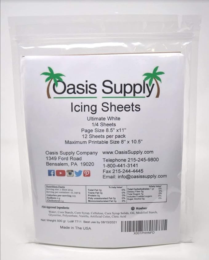 Oasis Supply Ultra Flexible Edible Icing Sheets – 25 Premium Frosting Sheets 8.5 x 11 Printable Edible Paper for Edible Ink Printers Cake Toppers Edible Images &amp Photo Cakes – Bright White Print
