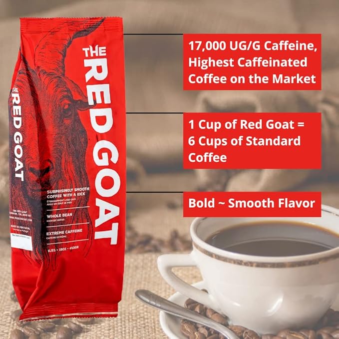 The Red Goat Whole Bean Strong Coffee | Extreme-Caffeine | Strongest on the Market | Delicious Smooth &amp Strong Flavor | [16 OZ] Roasted