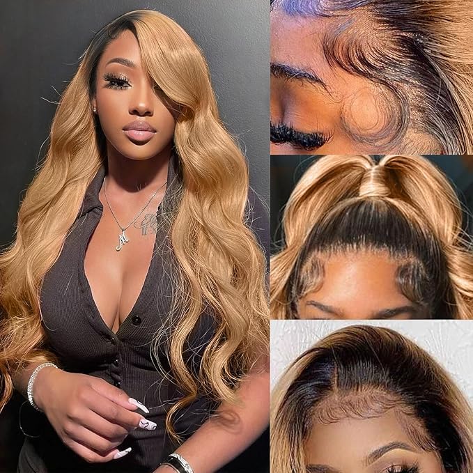 250% density 13x6 Honey Blonde Lace Front Wigs Human Hair 13x6 Body Wave Lace Front Wig Human Hair Wigs for Women Ombre HD Transparent Lace Frontal Wig Pre Plucked with BabyHair 30 Inch