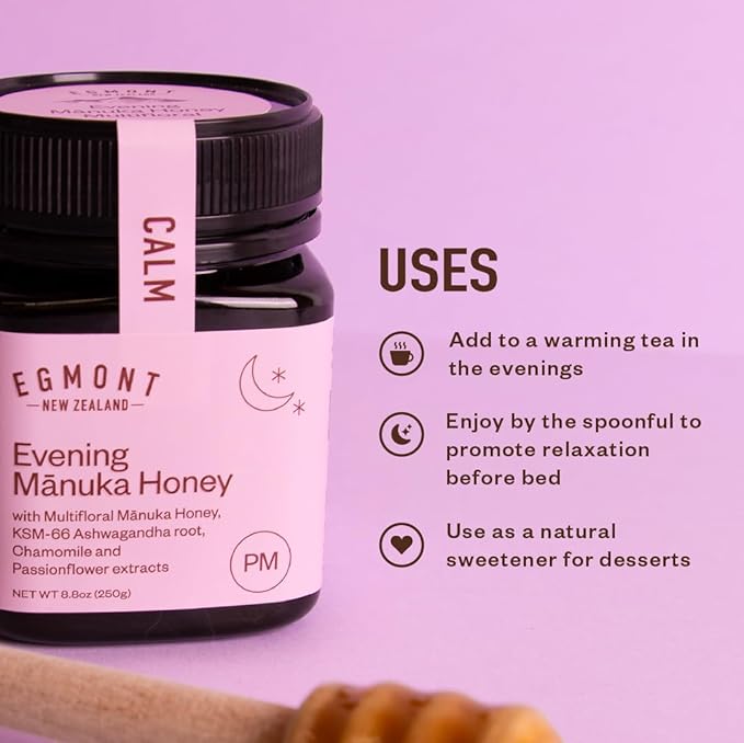 Egmont Honey Manuka Honey MGO 100+ with Ashwagandha | Raw New Zealand Night Honey for Relaxation &amp Sleep Support – KSM-66 Ashwagandha Blend with Chamomile &amp Passionflower – 8.8oz (250g)