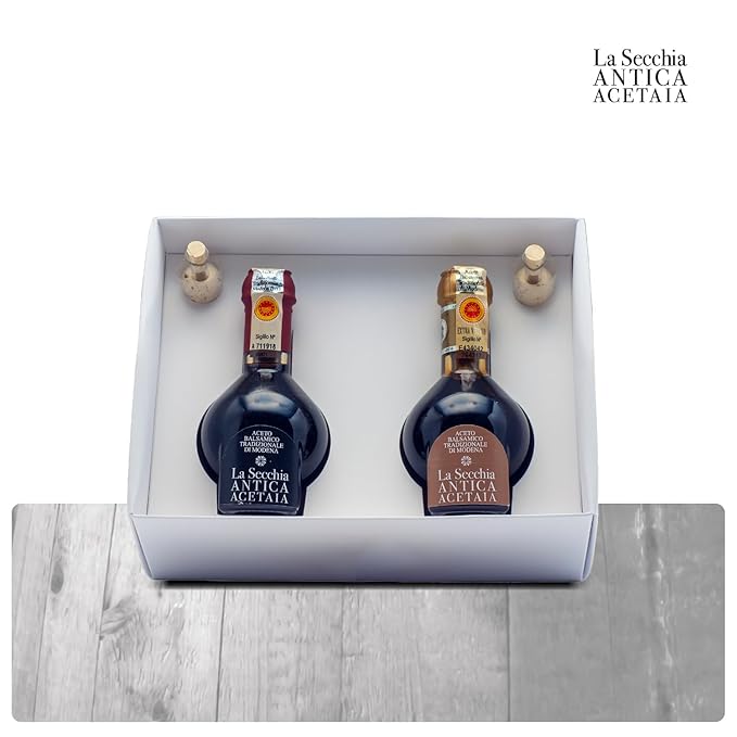 La Secchia - Duetto Aged 20 and 35 years Traditional Balsamic Vinegar of Modena DOP Two Bottles of 100 ml with Glass Dosing Cap