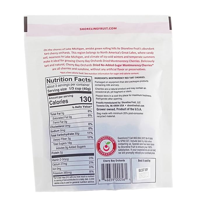 Cherry Bay Orchards - Dried Unsweetened Montmorency Tart Cherries - No Added Sugar - 4oz Bag -100% Domestic All Natural Kosher Certified Gluten Free and GMO Free - Packed in a Resealable Pouch