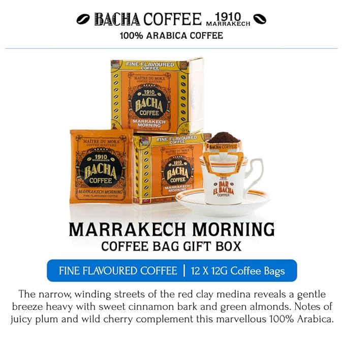 Bacha Coffee | Marrakech Morning Fine Flavoured Medium Roast 100% Arabica Specialty Coffee 12 Coffee Drip Bags Gift Box