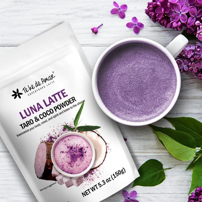 LUNA LATTE TEA TARO &amp COCO / TE HE DE AMAR. NET WT 5.3 oz (150g) 38 cups. Taro Coconut Purple Sweet Potato Cinnamon Vanilla. 100% natural pure powdered does not contain dairy bases does no