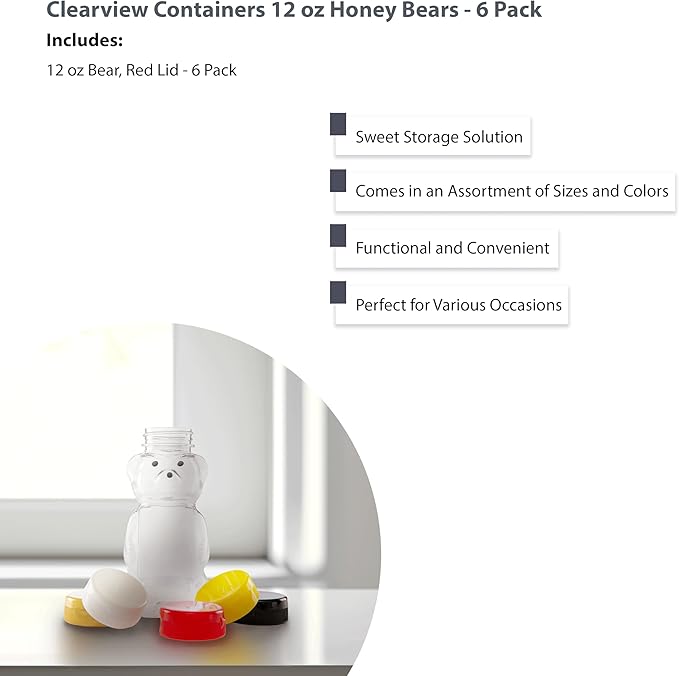 12 Ounce Clear Plastic Squeezable Honey Bears with Sealable Flip Top Lids - BPA Free Hand Wash Only (Red 6 Pack)
