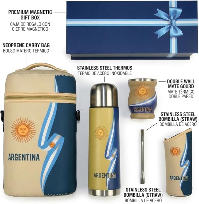 Yerba Mate Cup Set – Complete Argentine Yerba Mate Kit - 750 ml Stainless Steel Bottle Mate Gourd Bombilla Neoprene Bag Yerba Container &amp Gift Box (Cinta Argentina con Sol)