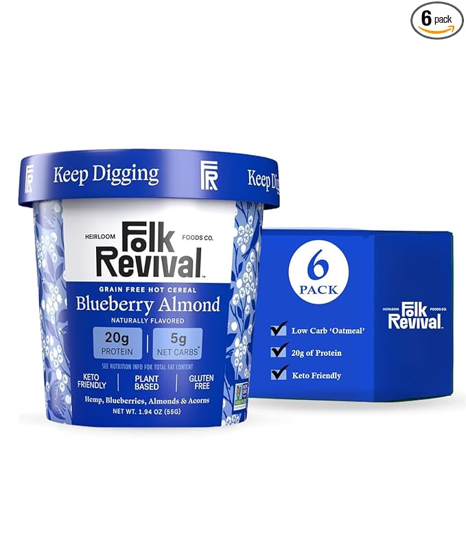 Folk Revival Blueberry Almond Keto Instant 'Oatmeal' - 20g Protein 5g Net Carbs High Fiber Non GMO Gluten Free Made with Acorns - 6 Cups Per Case