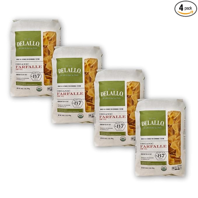 DeLallo Organic Farfalle Pasta Made with Only 100% Semolina Durum Wheat Flour Bronze Cut Made in Italy Kosher Vegan Non-GMO Bow-Tie Pasta Shape (4 Pack)