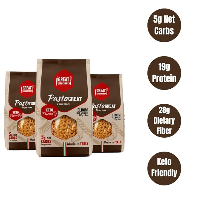 Great Low Carb Company Elbows PastaGreat Shape 8 oz pastas Keto Low carb High Protein. 5 Net Carbs 19g Protein (3 pack)