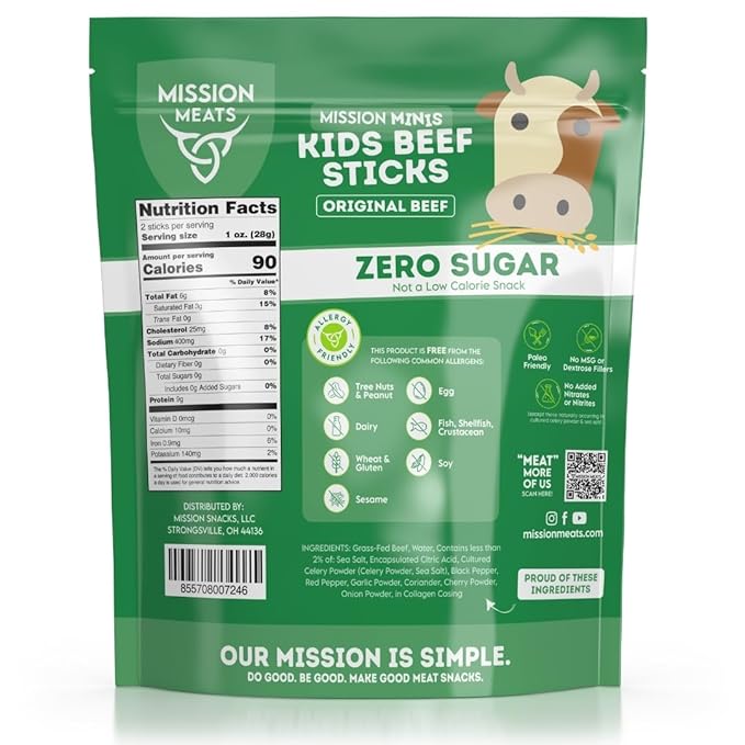 Mission Meats Kids Beef Sticks 100% Grass Fed Healthy Snacks for Kids Zero Sugar 9g Protein per Serving Gluten &amp Nut Free Individually Wrapped Mini 0.5oz (72ct Bag)
