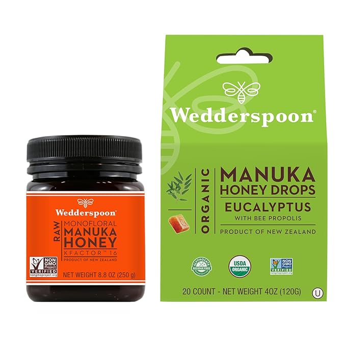 Wedderspoon Raw Premium Manuka Honey KFactor 16 (8.8 Oz Pack of 1) and Manuka Honey Drops Eucalyptus &amp Bee Propolis (20 Count Pack of 1) - Genuine New Zealand Honey Perfect Remedy For Dry Throa