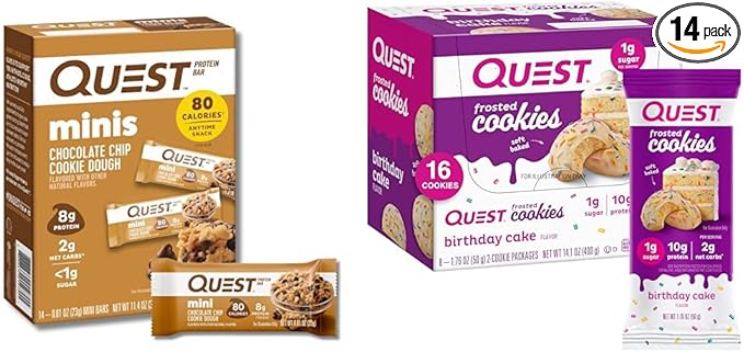 Quest Mini Chocolate Chip Cookie Dough Protein Bars 14 Count and Birthday Cake Frosted Cookies Twin Pack 8 Count Bundle