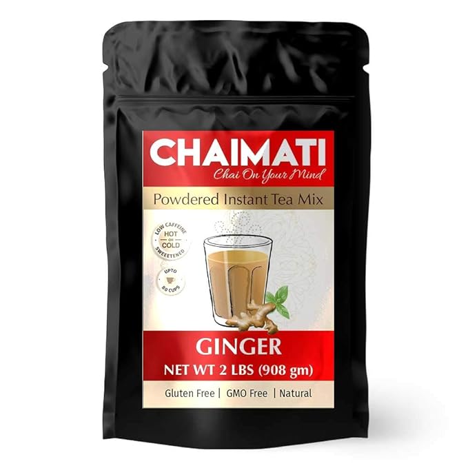 ChaiMati - Ginger Chai Latte - Powdered Instant Tea Premix 2 Pound Jar - Makes 100 Cups - Hot or Iced Very Low Caffeine Ready in seconds Great for Gifting &amp Parties - gets Chai on your Mind