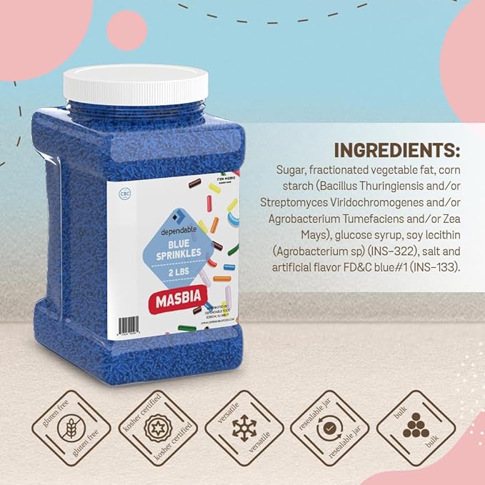 Dependable Food Blue Sprinkles - 2 Lb. Bulk Container - Gluten-Free Kosher Blue Jimmies for Cake Decorating Cupcakes &amp More - Resealable Jar