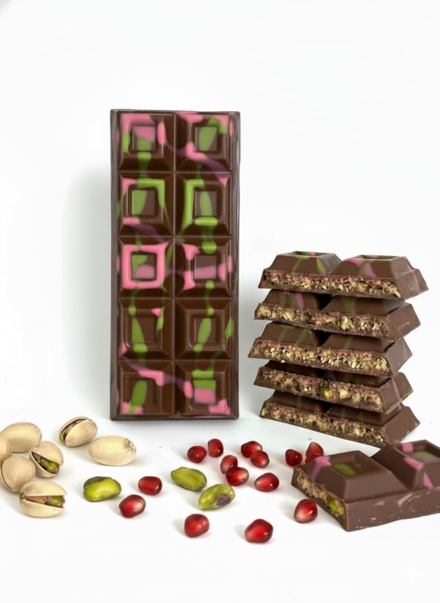 Crush Dubai Pistachio Pomegranate Chocolate Bar – 7 oz Luxury Gift Filled with Toasted Katafi Pomegranate Cream &amp Tahini Inspired by the Classic Knafeh Dessert