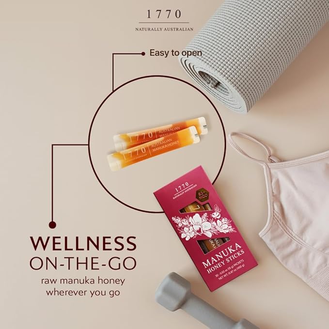 1770 Naturally Australian MGO 83+ Manuka Honey Sticks 30 x 15g Organic Honey for Tea Yogurt &amp Travel Snacks