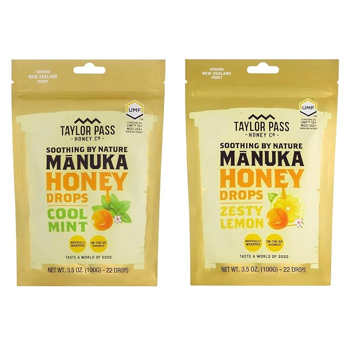 Taylor Pass Mānuka Honey Drops Bundle UMF™ 10+ Cool Mint &amp Zesty Lemon Lozenges | Natural Soothing On-The-Go | 2 Packs 22 Drops Each | Made in New Zealand