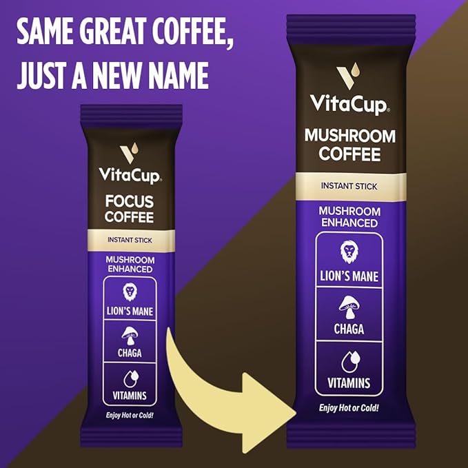 VitaCup Mushroom Coffee Instant Packets for Memory &amp Clarity Support w/Fiber Chaga Lion’s Mane D3 B Vitamins Medium Roast 100% Arabica &amp Robusta Coffee in Single Serve Sticks 24 Ct