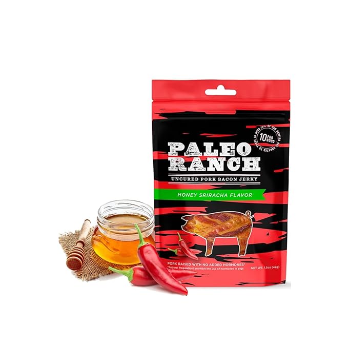 PALEO RANCH Uncured Bacon Jerky Honey Sriracha No Added Hormones No Preservatives 1.5-oz. Pouches (Pack of 4)