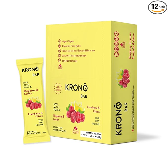 Krono Nutrition Energy Bar - Made with Natural Ingredients - Vegan - Gluten Free - Nuts Free - Soy Free - 50 gram per bars - 12 bars per box (12 count Raspberry &amp Lemon)
