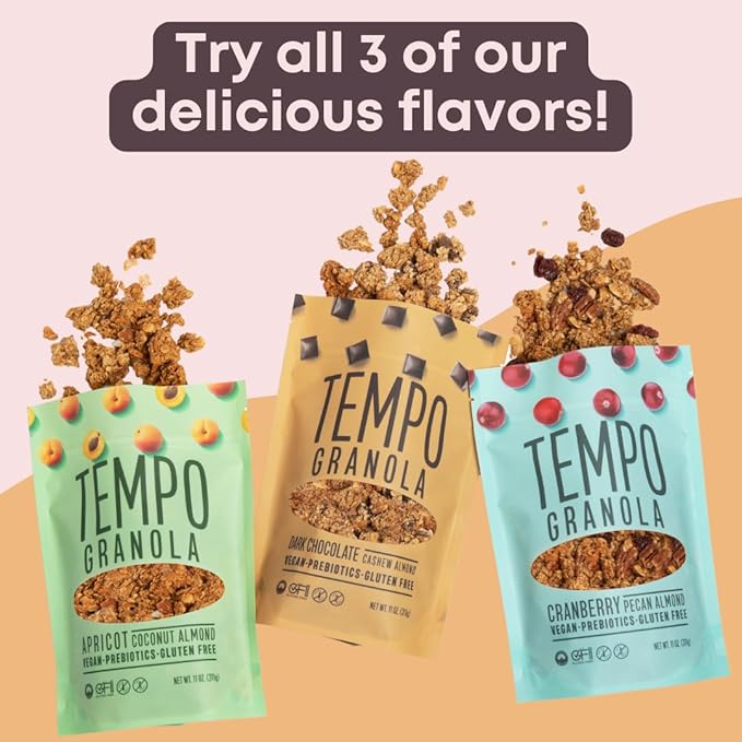 Tempo Granola Dark Chocolate Cashew Almond Loose Granola - 3 Pack of 11 oz Bags - Nutrient-Rich Gluten Free Vegan Oats High Protein Low Sugar Vegan Dairy Free Soy Free Vitamin E Prebiotics F