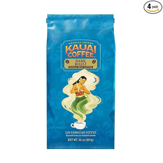 Kauai Whole Bean Coffee Koloa Estate Dark Roast Coffee from Hawaii’s Largest Grower Bold Rich Blend 32 Ounce (Pack of 4)