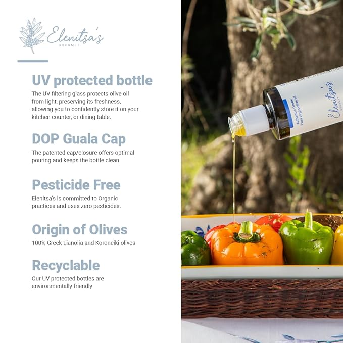 Elenitsa's Special Select Greek Gourmet Extra Virgin Olive Oil - Perfect for Sauteing Grilling Salad Dressings and Cooking - Cold-Pressed Lianolia &amp Koroneiki Olives Rich in Polyphenols