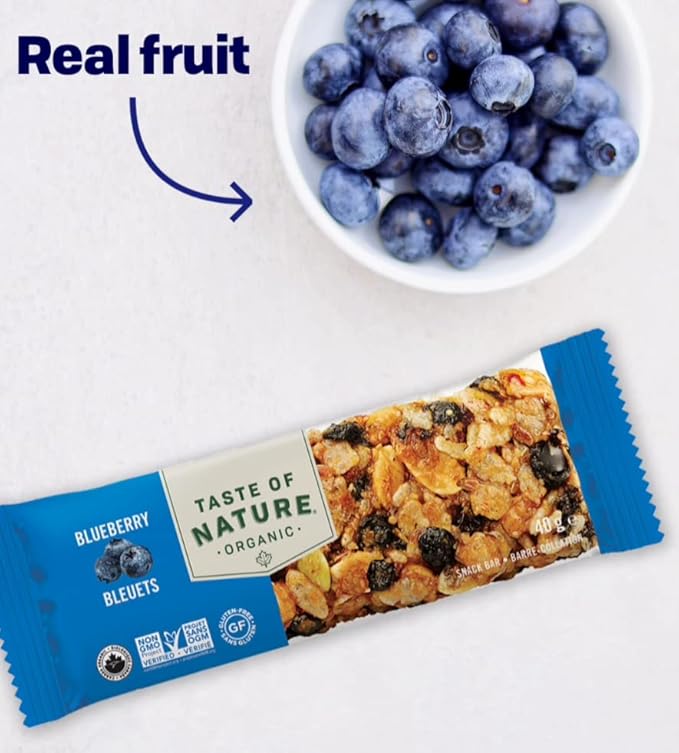 Taste of Nature Organic Blueberry Snack Bar - Healthy Gluten Free Non GMO Vegan Snack Bars with Mixed Nuts Fruits and Seeds - 16-Count Snack Pack