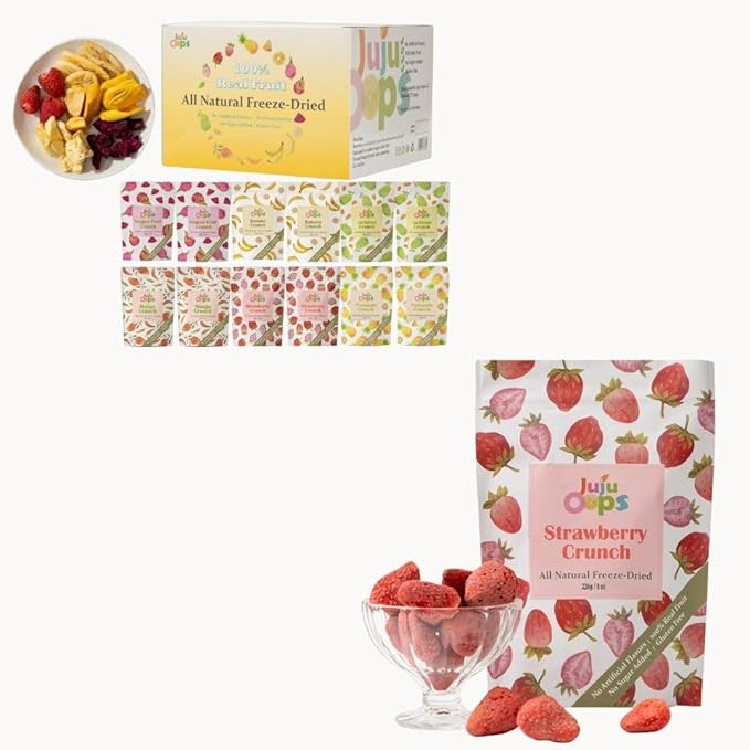Juju-Oops Freeze-Dried Fruit Snack Bundle – 12-Pack Mixed Fruit &amp 8oz Whole Strawberries | 100% Natural Vegan No Sugar Added | Perfect for Camping Gifts &amp Healthy Snacking