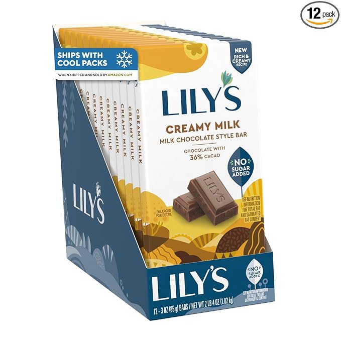 LILY'S Milk Chocolate Style No Sugar Added Great Stocking Stuffers and Holiday Candy Sweets Bars 3 oz (12 Count)