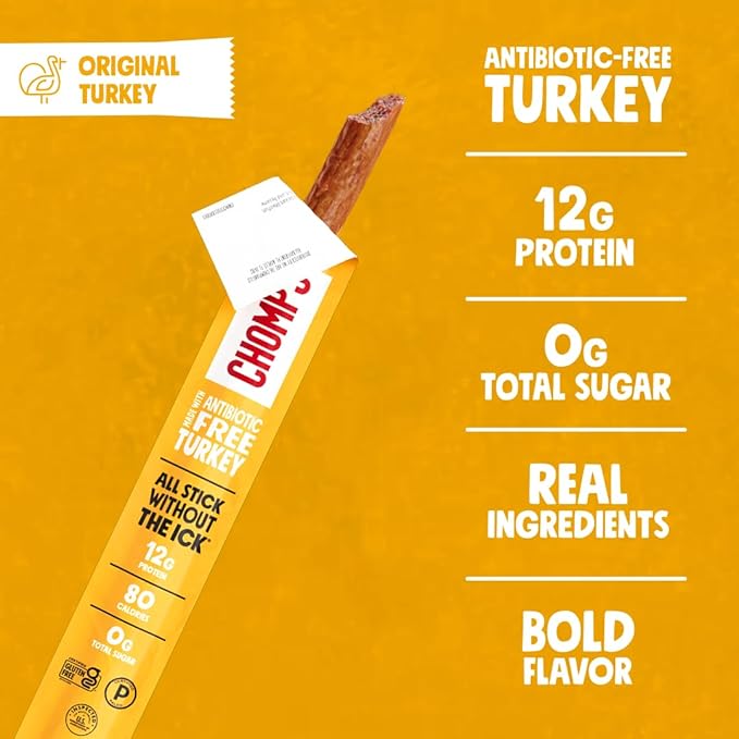 Chomps Original Turkey Jerky Meat Snack Sticks 10-Pack - Keto Paleo Low Carb Whole30 Approved 12g Lean Meat Protein Gluten Free Antibiotic Free Zero Sugar Food