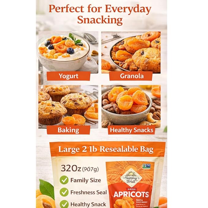 Sunny! Fruit Organic Dried Apricots Soft &amp Naturally Sweet Sun-Dried Apricots No Added Sugar Non-GMO Healthy Snack 32 oz Bags (Pack of 2)