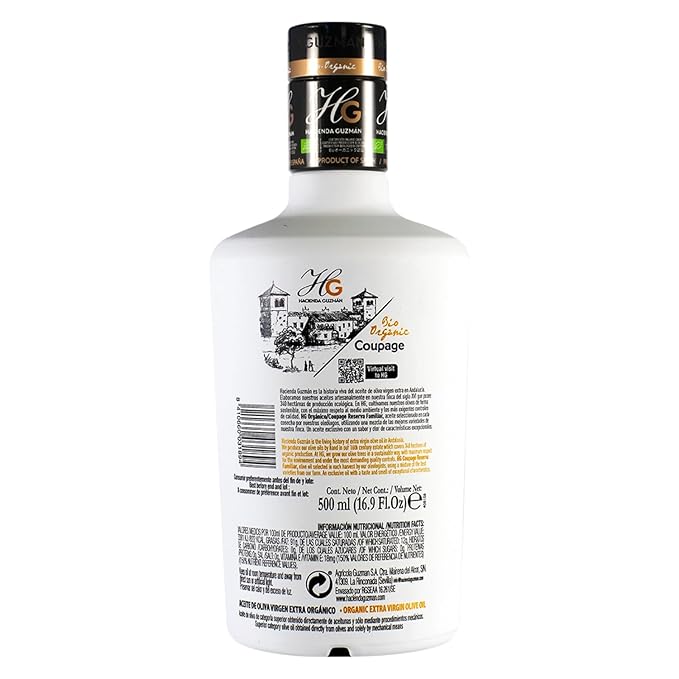 HACIENDA GUZMÁN - Extra Virgin Olive Oil Bio Mix of Manzanilla Hojiblanca and Arbequina Variety. Perfect for cooking baking and Salad Dressing. Available in 16.9 FL OZ (500 mL) Bottle.