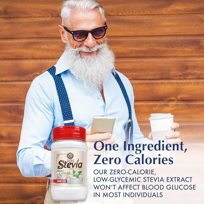KAL Sure Stevia Extract Organic Stevia Powder Low Carb Zero Calorie Sweetener Keto Friendly Great Taste Low Glycemic Vegan Gluten Free No Fillers 60-Day Guarantee (2.8 oz Organic)