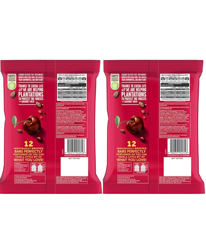 Cadbury Cherry Ripe Chocolate Share Pack – 2 Packs of 12 Bars (180g Each) – Made in Australia