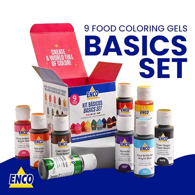 ENCO 9 Basic Food Coloring Gel Set 1.41 oz each (40 g) Concentrated Vegan Includes Color Mixing Guide