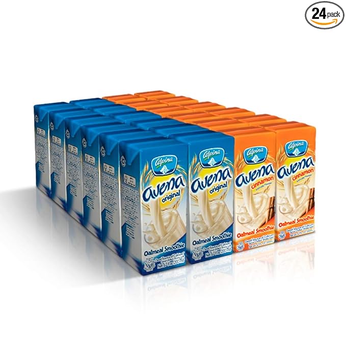 AVENA ALPINA Cinnamon and Original Flavor Bundle Oatmeal Smoothie 24 Pack x 6.7 ounces each (Original + Strawberry) 100% Organic Whole Grain Oats. Low Carbs Non-GMO Oats