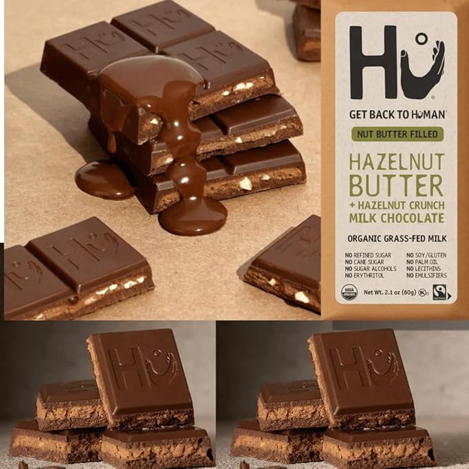 Hu Chocolate Milk Chocolate Bars Variety Pack 5 Count (Simple Hazelnut Butter &amp Hazelnut Crunch Almond Crunch Coconut Flakes Almond Crunch Chocolate Cashew Butter) | Organic Vegan Clean Ing