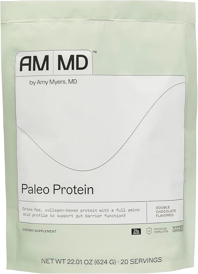 Amy Myers MD Paleo Protein Powder - Double Chocolate 20 Servings - Collagen-Based Gut Function Support - Gluten-Free &amp Non-Dairy Protein Supplement