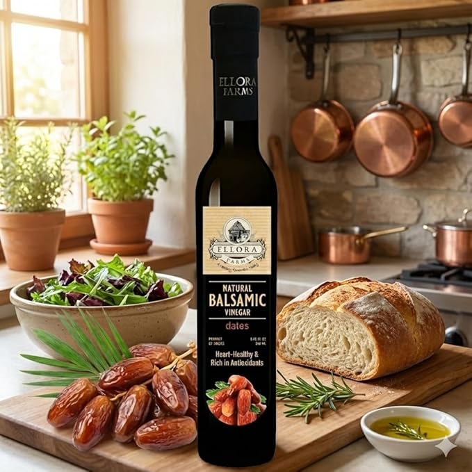 Ellora Farms Balsamic Vinegar Dates Infused Thick and creamy Barrel aged No-added sugar Award Winning Glass bottle 8.45 oz. (Dates)
