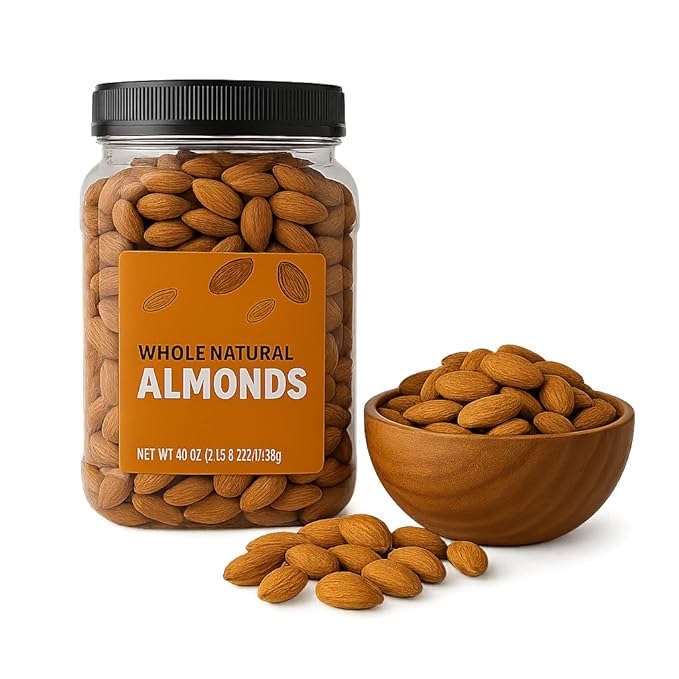 Almonds Nuts Whole Almond Raw Unsalted 40 oz Resealable Jar - Natural Protein Fiber Vitamin Mineral Energy Boost Heart Friendly - Work Travel Office - Baking Cooking Gifting
