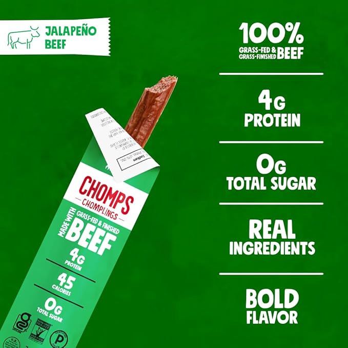 Chomps Snack Size Grass-Fed and Finished Jalapeño Beef Jerky Snack Sticks 0.5oz 24-Pack - Keto Paleo Whole30 4g Lean Meat Protein Gluten-Free Zero Sugar Food Non-GMO Chomplings