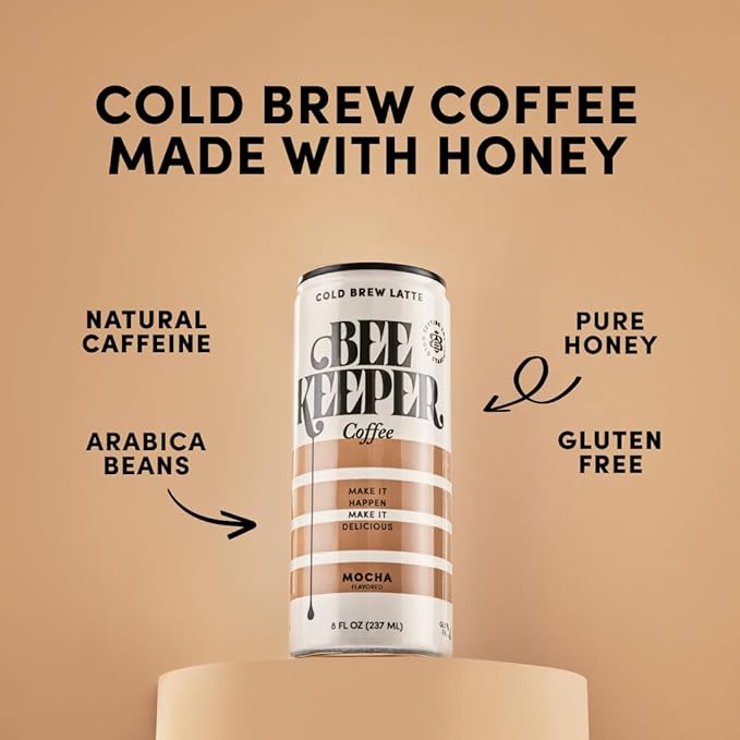 Beekeeper Mocha Latte Cold Brew Coffee Drinks with Oregon Honey | 12 Pack Refreshing Iced Coffee - Unsweetened &amp Strong Arabica Brew 8 fl oz Ready-to-Drink Can - 180mg Natural Caffeine