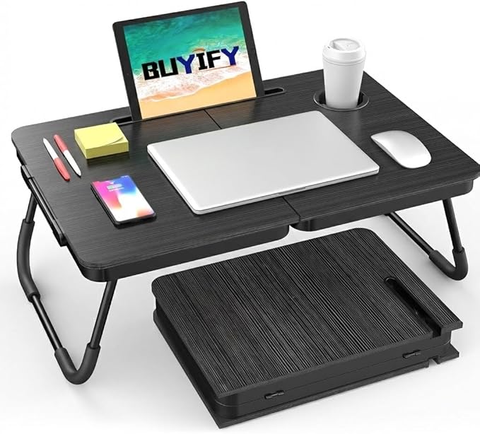 BUYIFY Foldable Laptop Bed Desk for Couch Sofa - Large Lap Desk Tray Table with Cup Holder and Tablet Slot - Portable Notebook Stand for Eating Writing Studying and WFH -NEW-006
